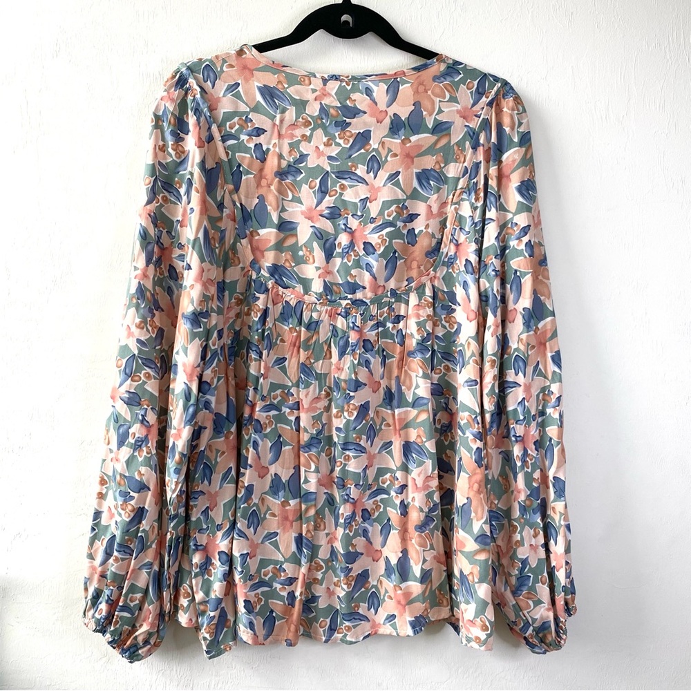 LAST CHANCE SALE!Double Tie Front Boho Floral Print Peasant Long Sleeve Blouse - Picture 10 of 11